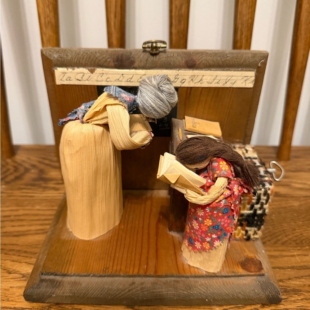 Vintage Handmade Corn Husk Doll Music Box - Schoolhouse Diorama Folk Art